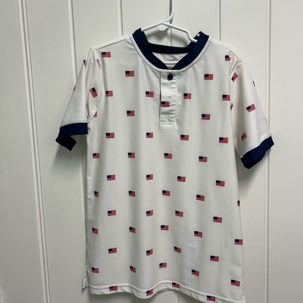 Courtside kids white Polo with Navy Trim and Flag Print